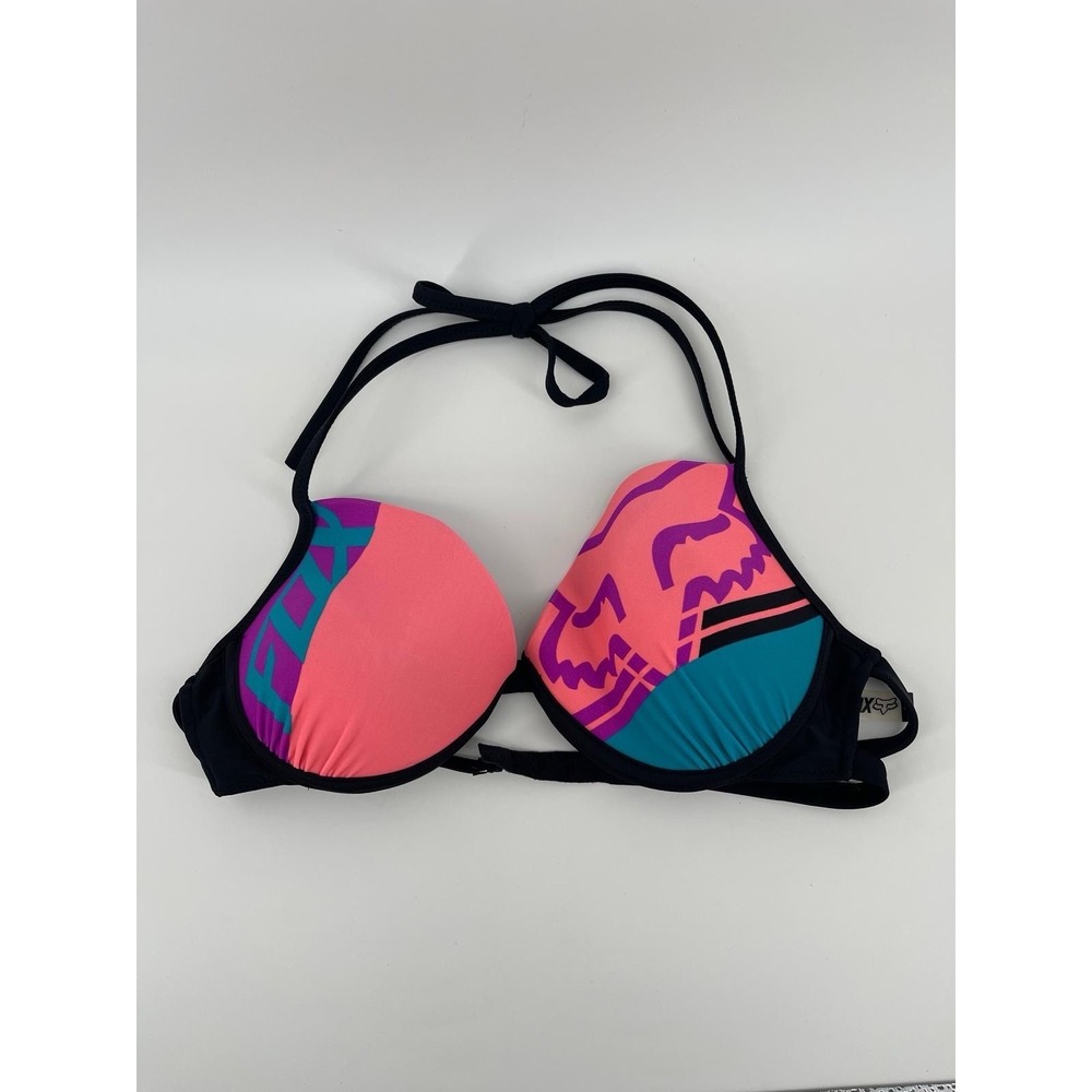 FOX Women L Bikini Top Neon Pink Multicolor Padded Halter Swim Bra Top
